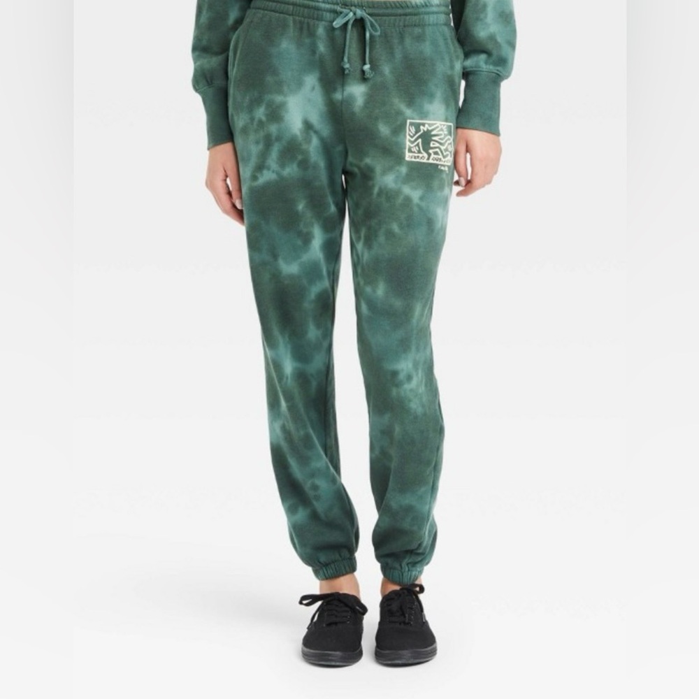 KEITH HARING Jogger Sweatpants Green Tie Dye Women Small Pop‎ Art
